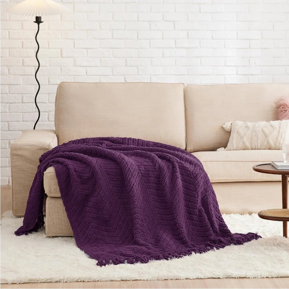 West Elm Purple Chevron Tassel Fringe Blanket Fall Winter for Couch/Bed/Gift